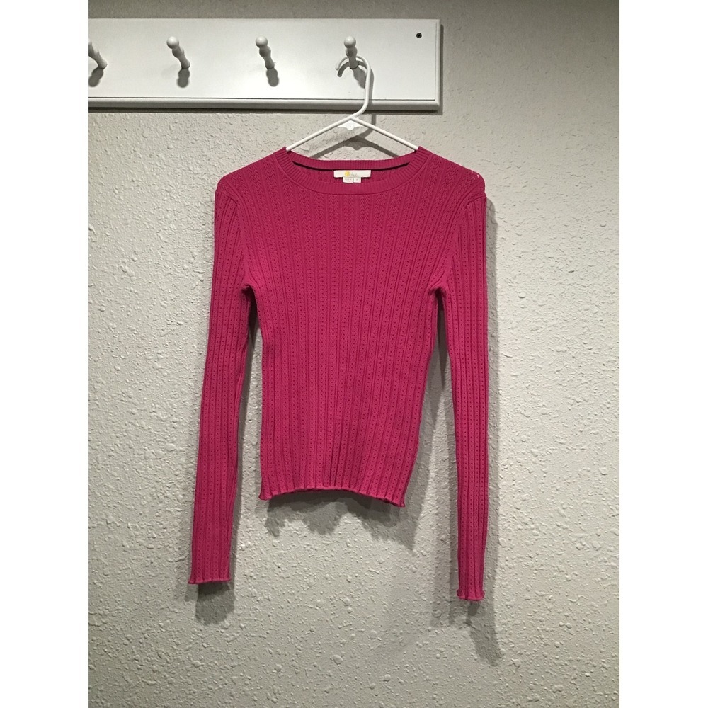 Boden Pink Pointelle Ribbed Knit Sweater Ruffle Hem Sz‎ M Romantic Chic Coquette
